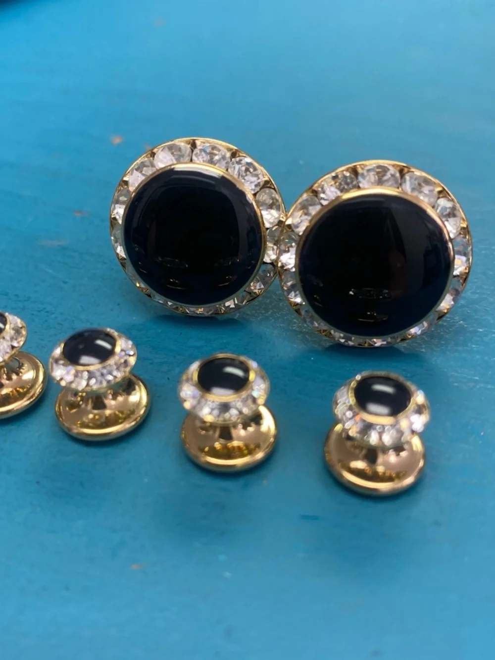 Gold-Tone Black Crystal Cufflink and Stud Set